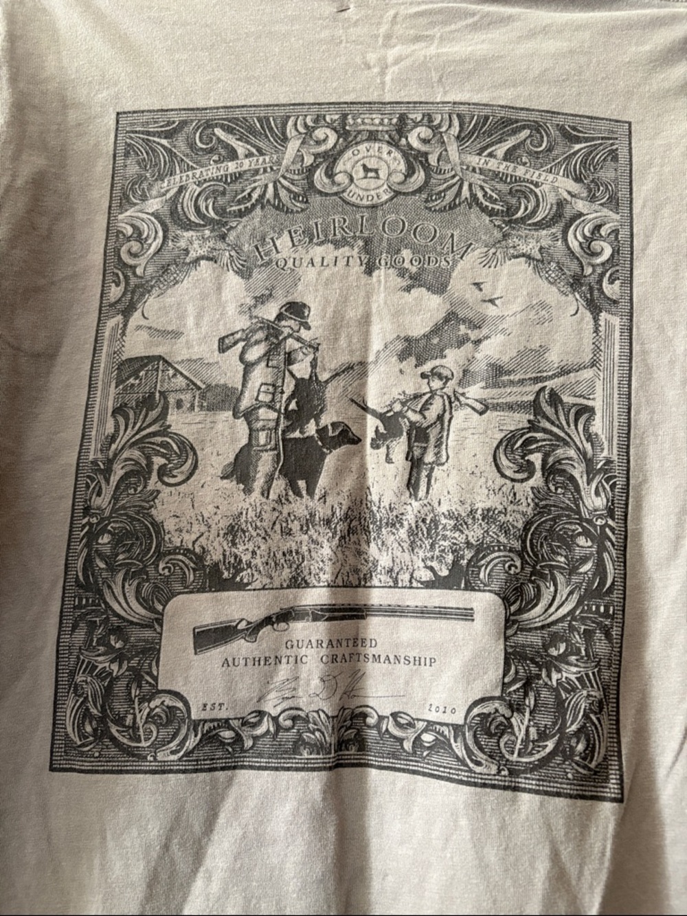 OVER UNDER Men's Small Graphic Pocket T-Shirt in Taupe. Father/Son Hunting Scene